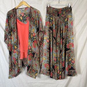 Dolma Kimono Skirt Set Women's One‎ Size Floral Print Bohemian Art Deco Outfit